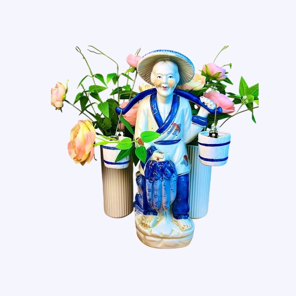 Large Vintage Blue & White Ceramic Water Bearer Figurine‎ 14" Hand Painted